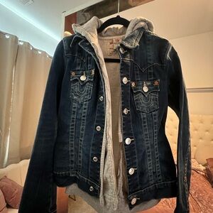 True Religion Blue Denim Jacket with Gray Hoodie